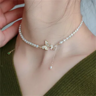 Pearl & Butterfly Design Vintage Style Necklace